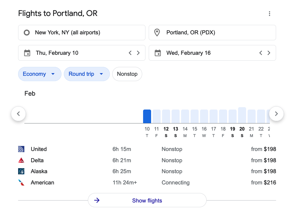 Interactive Google Flights SERP feature