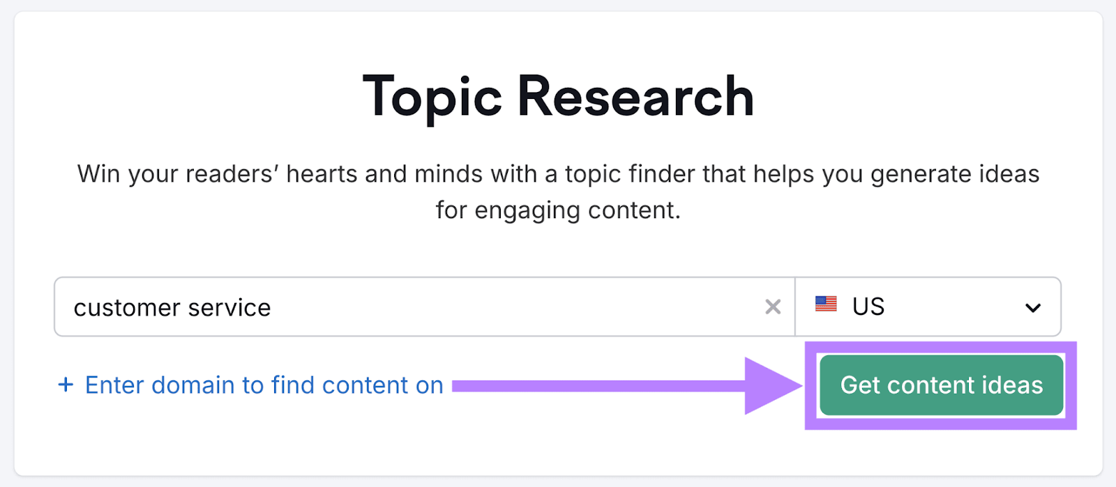 Topic Research tool's start modal with "customer service" in the search bar